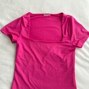 Vibrant Pink Square Neck Short Sleeve Crop Top